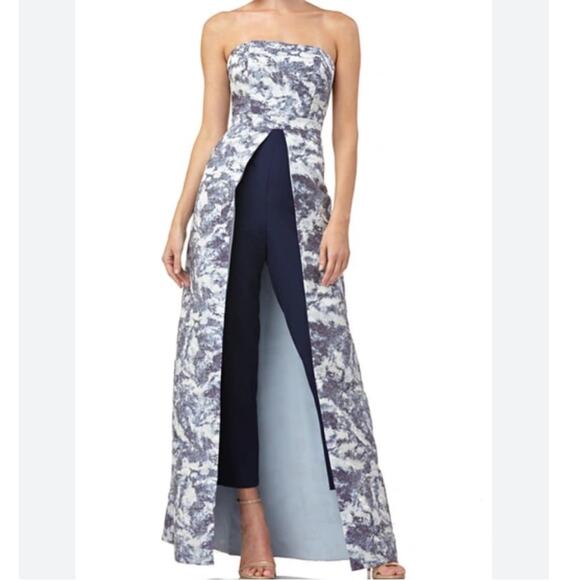 Kay Unger Blue Metallic Jacquard Strapless Walk Through Jumpsuit Size 2 - Picture 1 of 9